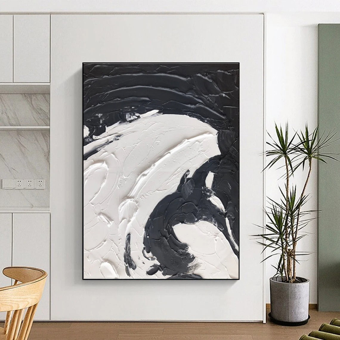 Black and White Swirl - Textured Abstract Painting with Bold Strokes ADGE393