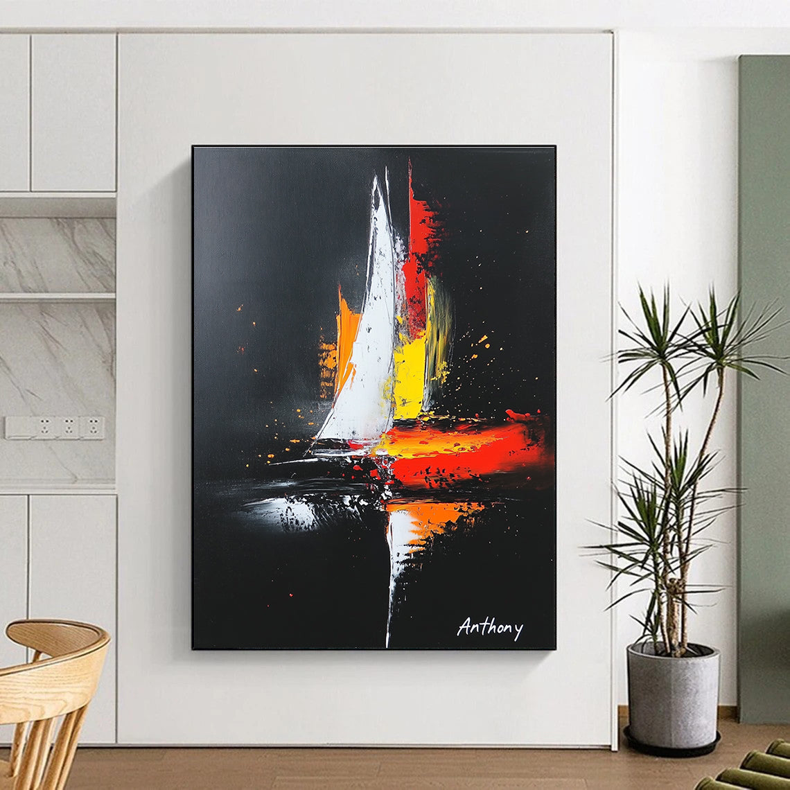 Large abstract painting featuring a sailboat on a black background with white highlights and vibrant red yellow and orange accents in a minimalistic style.STSC815