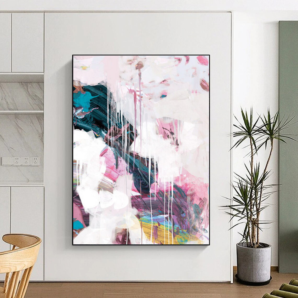 Pink and White Dripping Abstract with Soft Tones Painting ADGE192