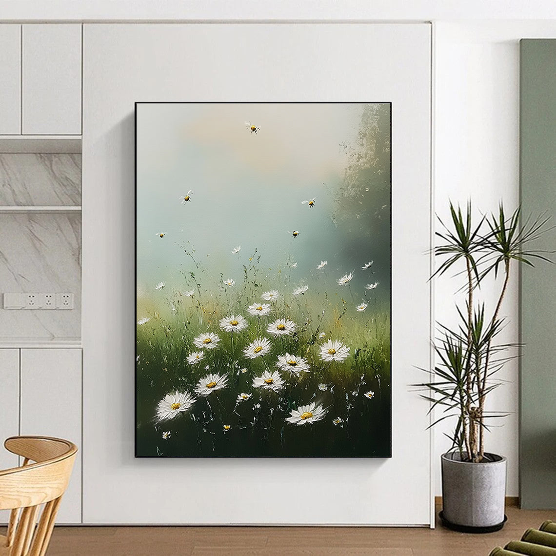 Large Abstract Painting of Wild Daisies in a Meadow Under Soft Morning Light with Bees and Fluffy Clouds Creating a Serene Atmosphere.STSC1176