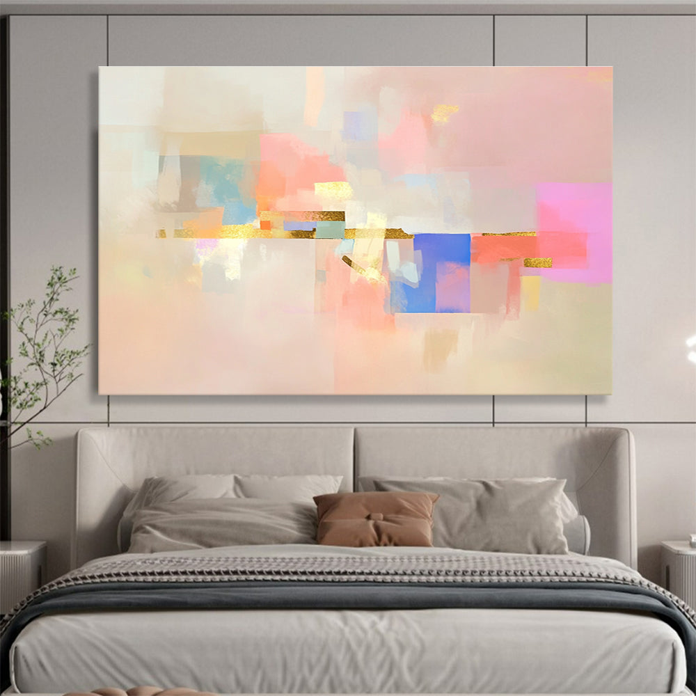 Abstract painting featuring soft shapes and pastel colors on a pink background with gold accents and minimalist design elements.SC043