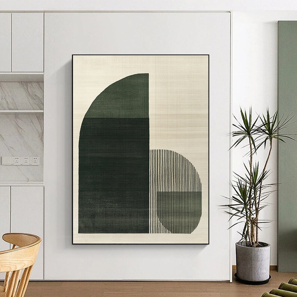 Large abstract painting featuring green and grey arch shapes with three dark gray stripes on a light beige textured background.STSC1081