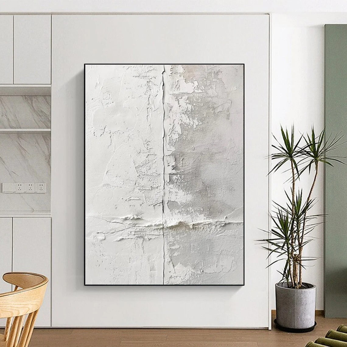 White and Gray Textured Abstract Painting with Crack - like Details ADGE066