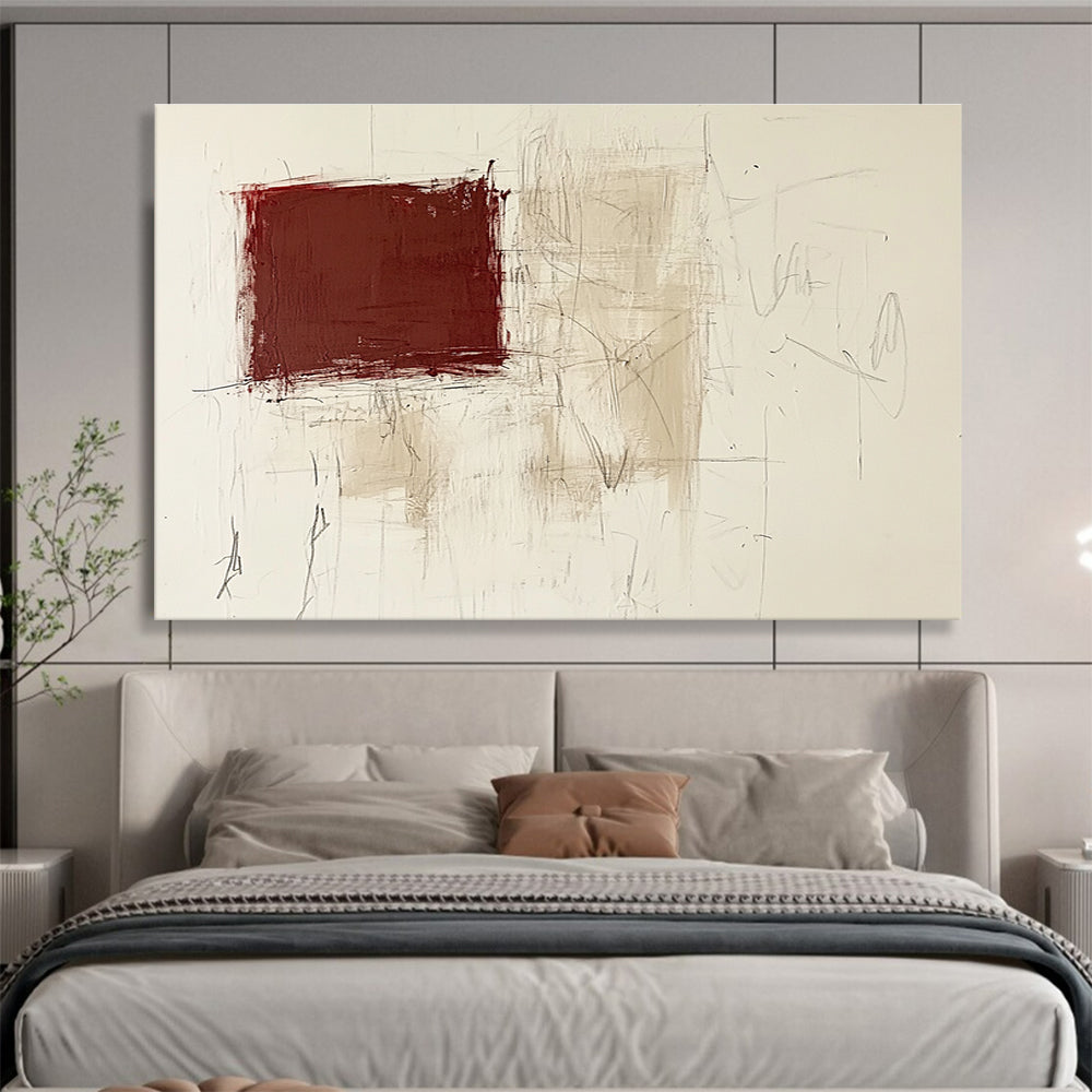 Red and Beige Textured Abstract Painting with Sketchy Lines DYP143