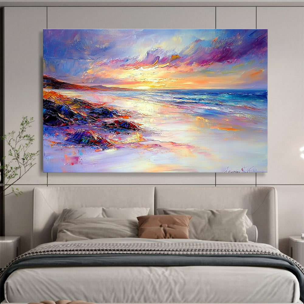 A large abstract painting portraying a tranquil beach sunset with vibrant colors soft lighting and rich details capturing the essence of Impressionism.SC522