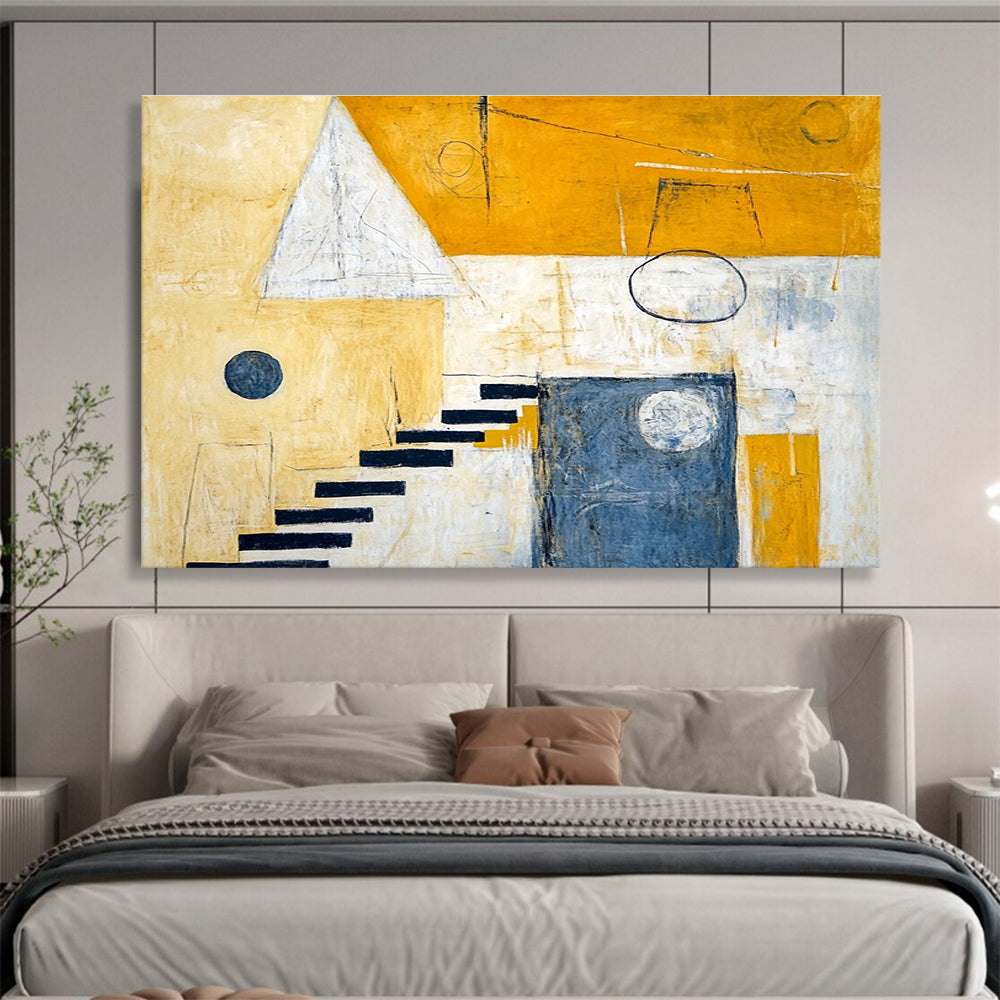 A large abstract painting featuring yellow and white hues, stairs leading to the sky, geometric shapes, and contrasting circles and squares.SC392