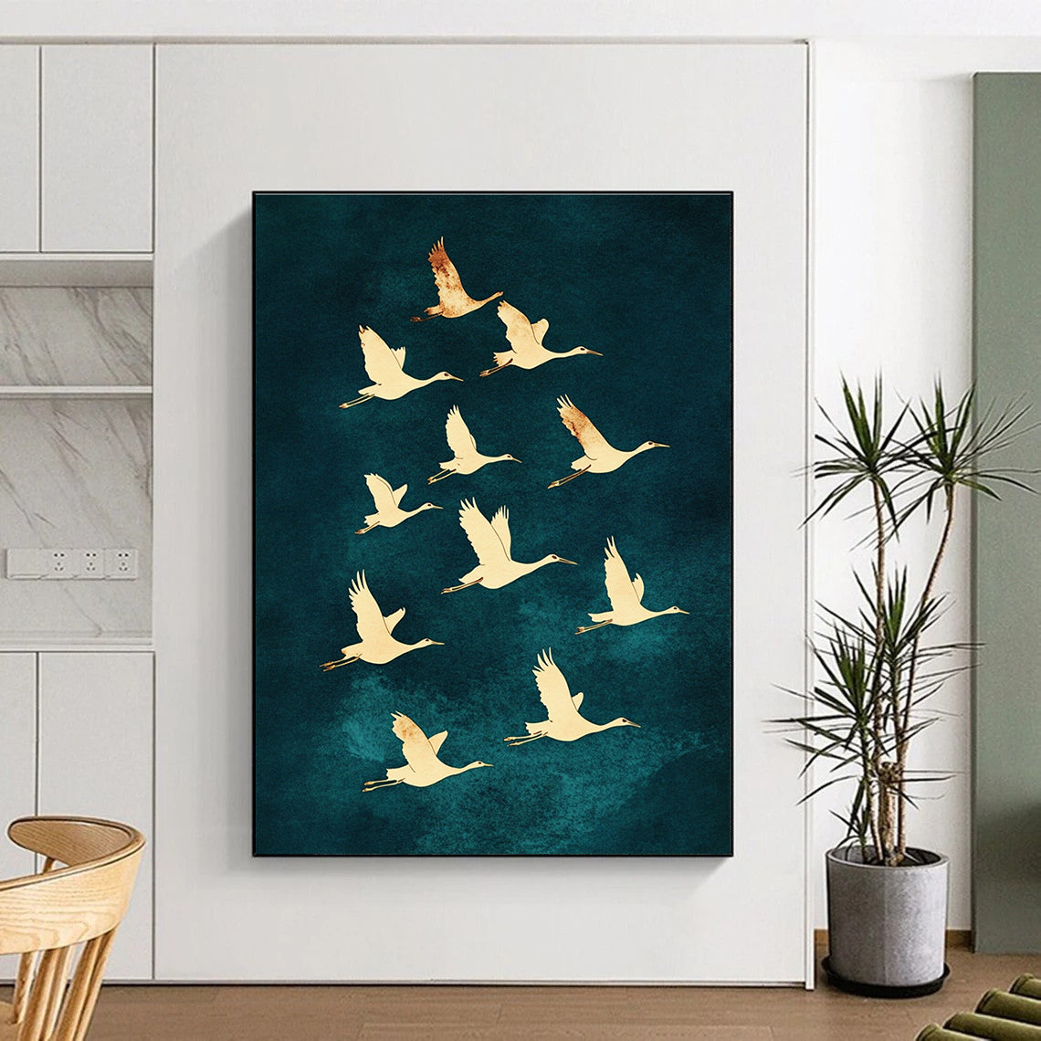 A large abstract painting of ten white cranes in graceful S-shaped flight against a dark blue watercolor background showcasing elegance and beauty.STSC1304