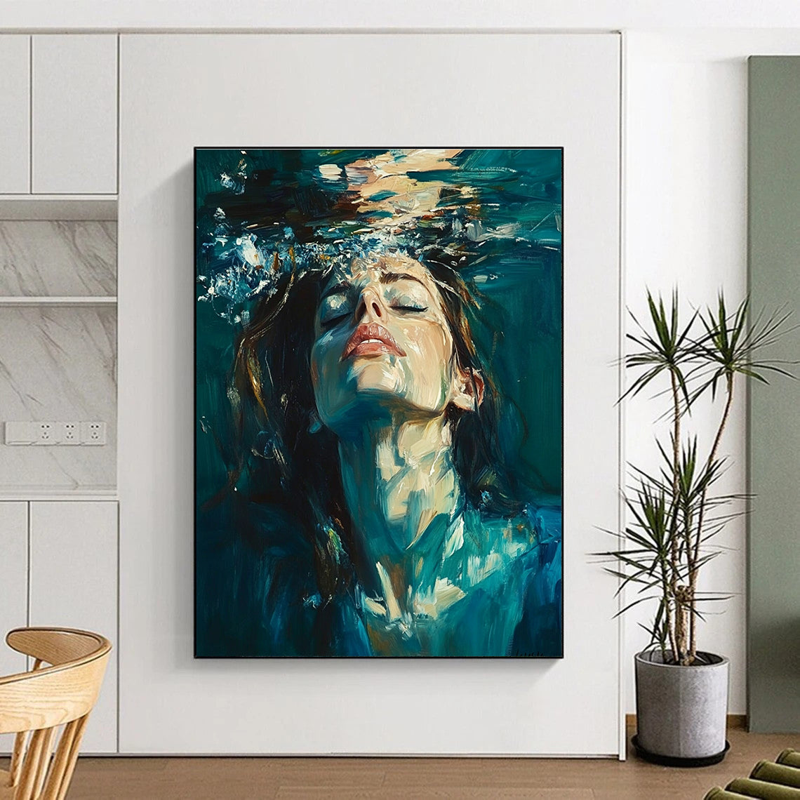 Abstract oil painting of a woman underwater with long hair and a blue-green attire against a dark teal background.STSC179
