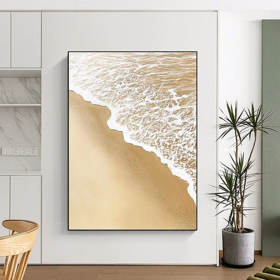 Abstract art capturing intricate sand and water patterns with soft waves blending detailed textures in light beige and white colors.STSC952