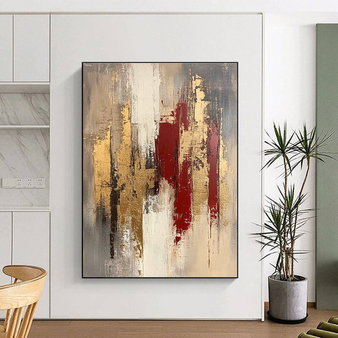 Gold Red and Gray Abstract Painting with Layered Strokes GER663
