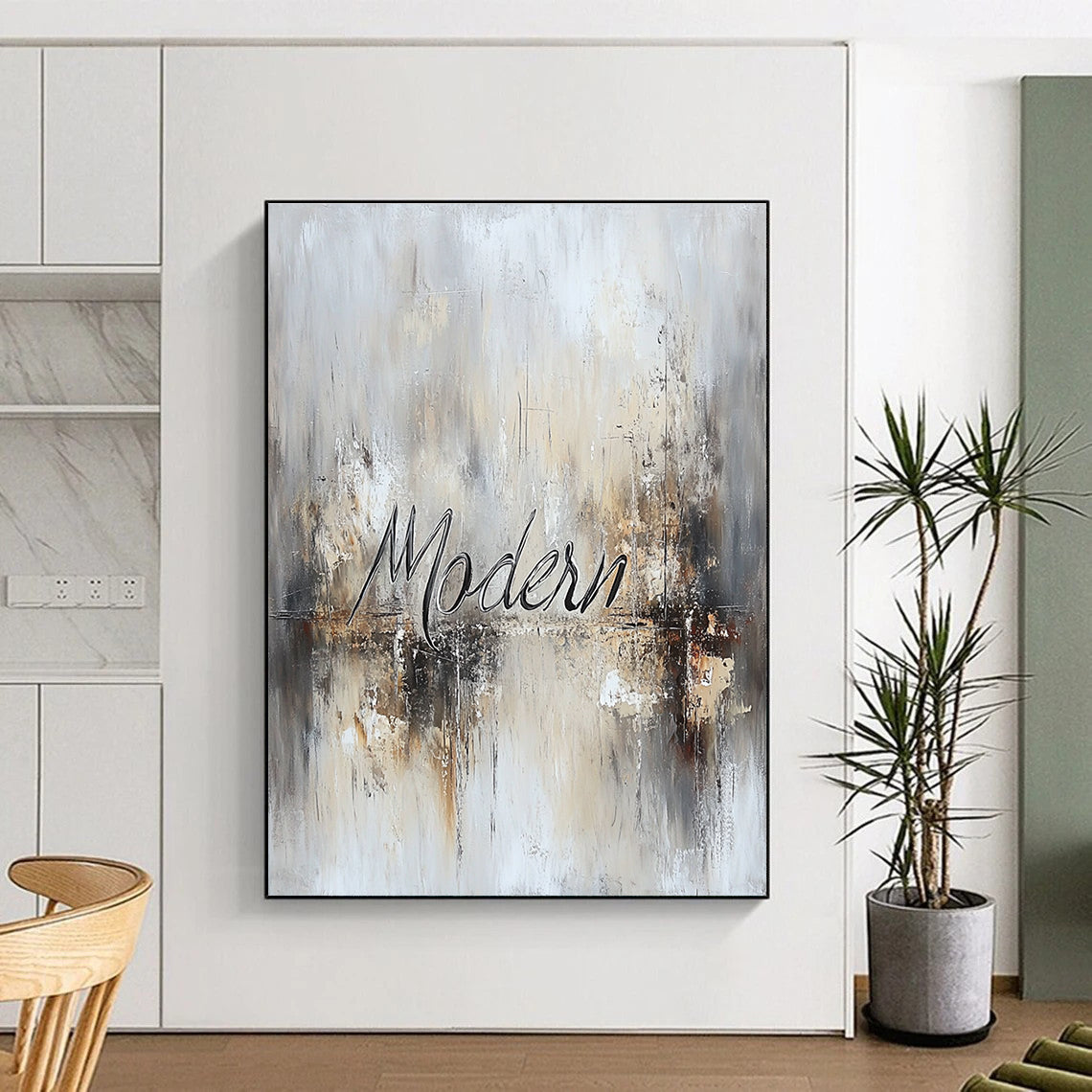 Large abstract painting featuring the word Modern in cursive with muted neutrals and metallic accents for a sophisticated contemporary vibe.STSC816