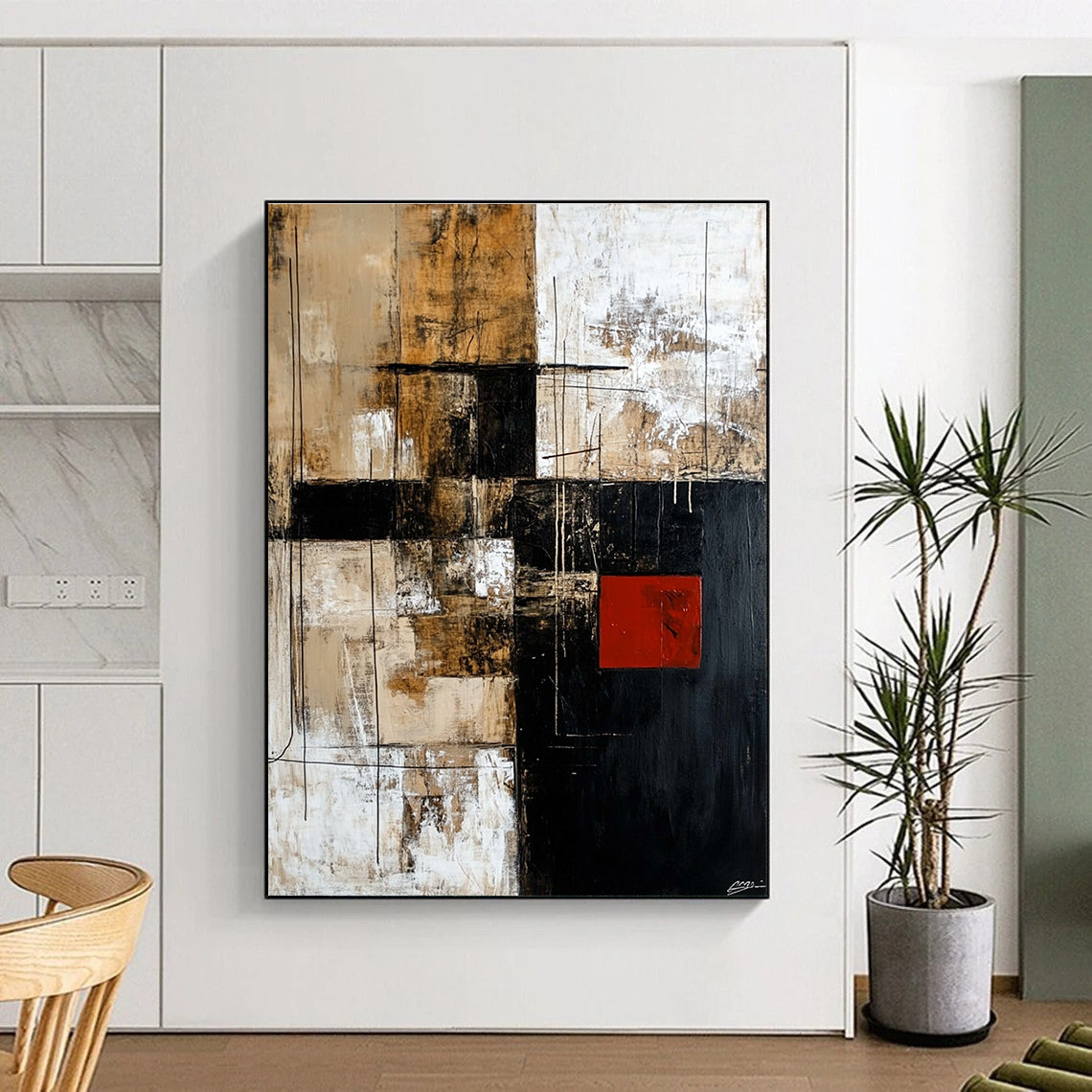 Large abstract painting in black brown beige and white with striking red square adds contrast to the dynamic design.STSC391