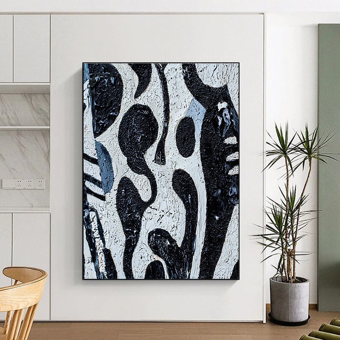 Black and White Textured Abstract Painting with Irregular Shapes GER050
