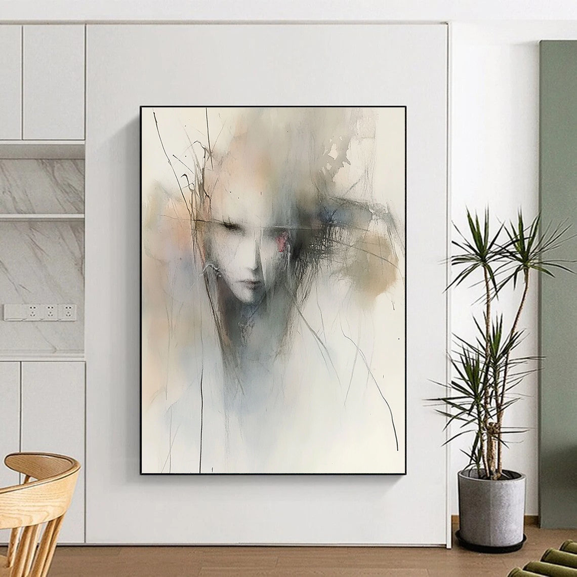 Large abstract watercolor painting featuring atmospheric muted tones and emotional gestures inspired by Peter Wileman and Cecily Brown.STSC840