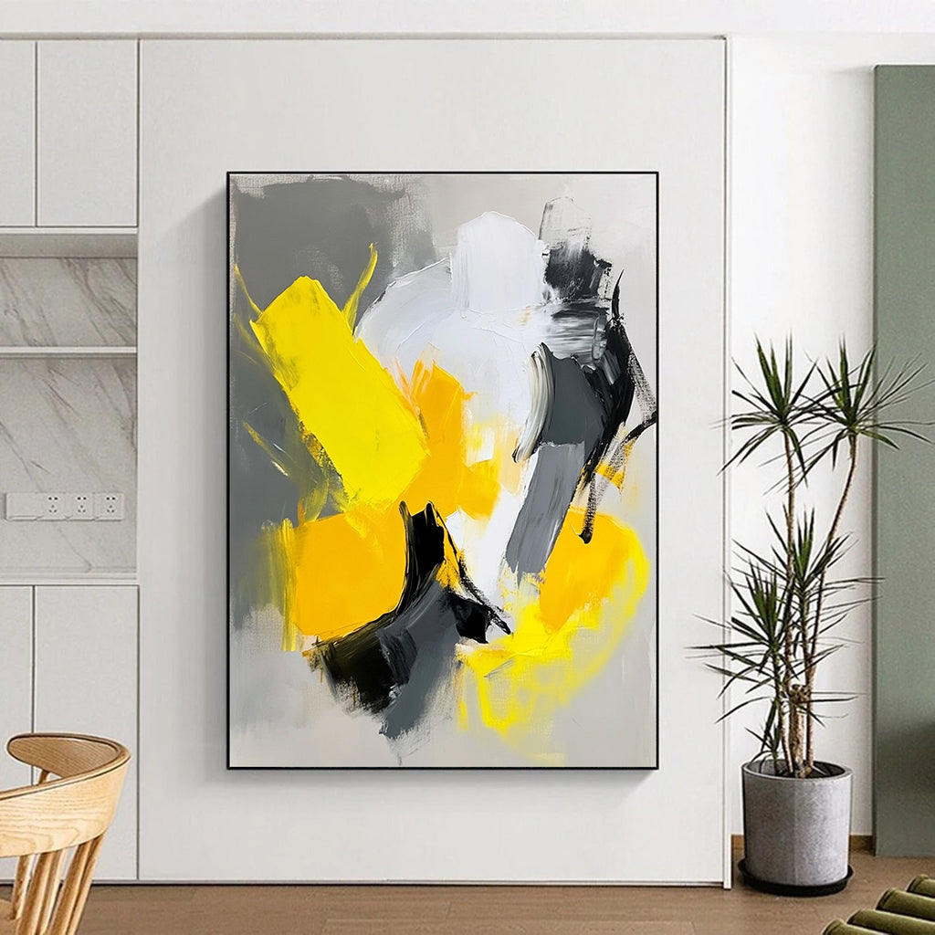 Yellow Gray Black Abstract Painting with Energetic Compositions GER809