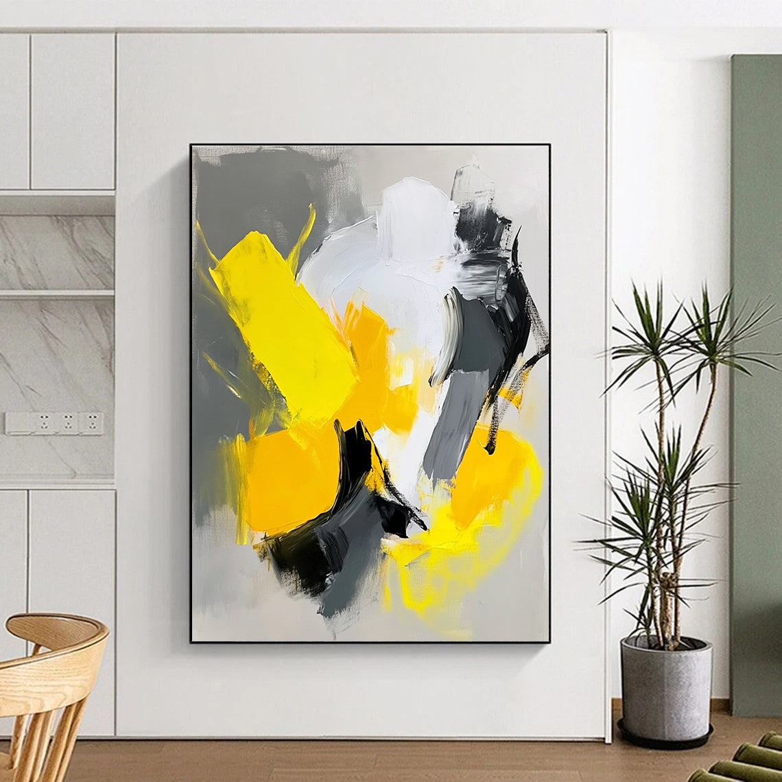 Yellow Gray Black Abstract Painting with Energetic Compositions GER809