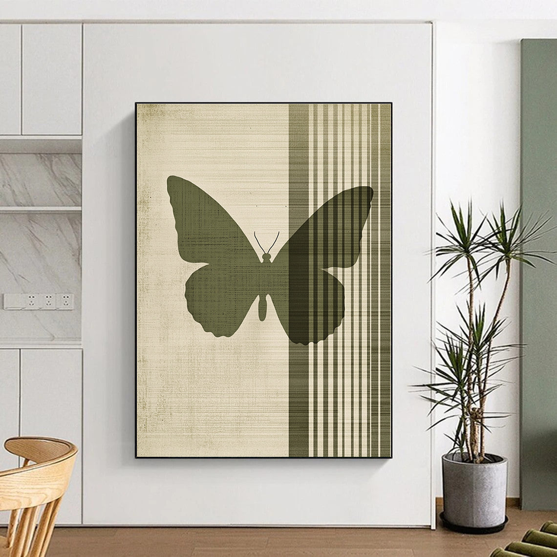 Abstract painting featuring a green butterfly on a beige background with vertical lines and vintage texture in muted colors.STSC1009