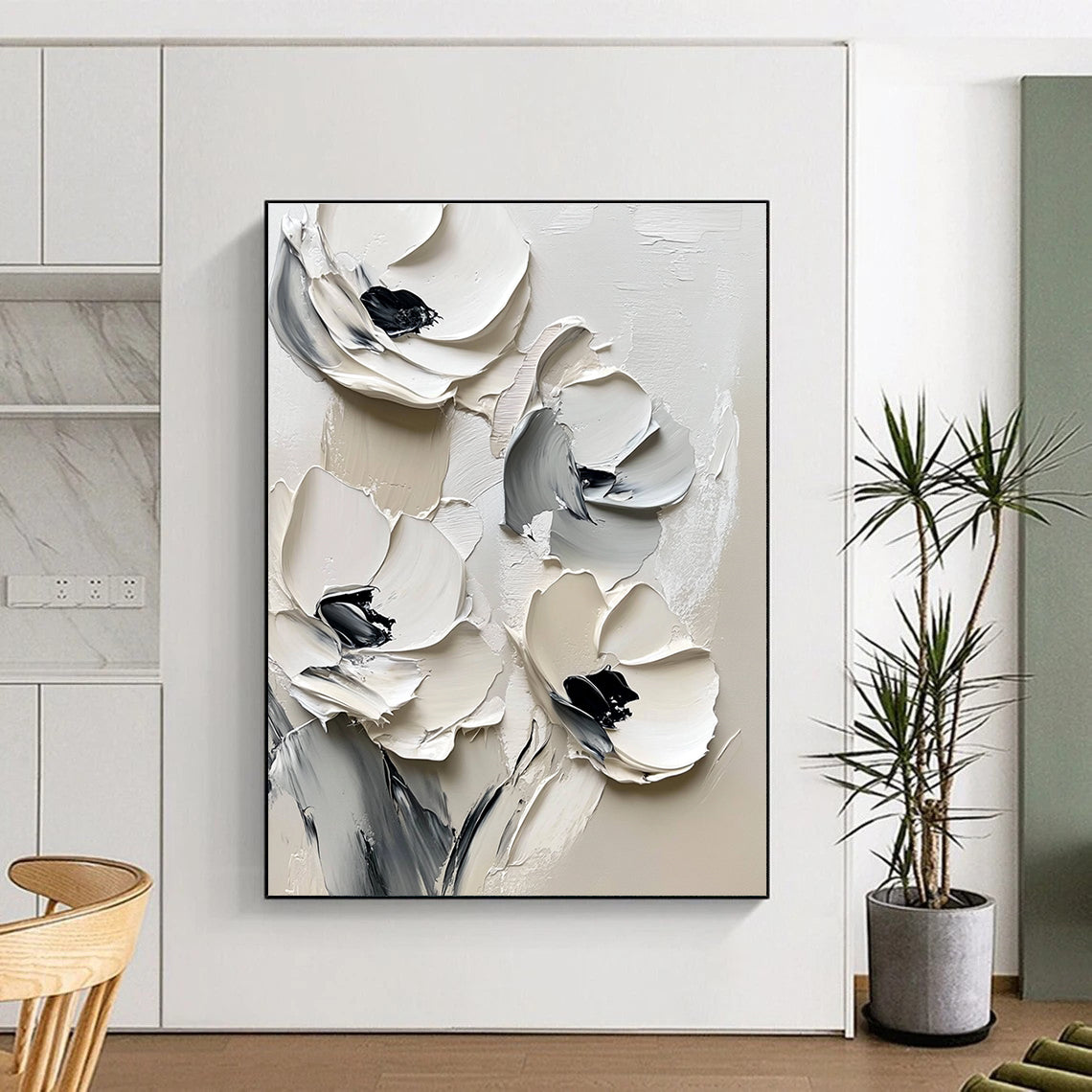 Large abstract painting featuring white flowers on a white background with black brush strokes and thick impasto paint in muted tones.STSC512