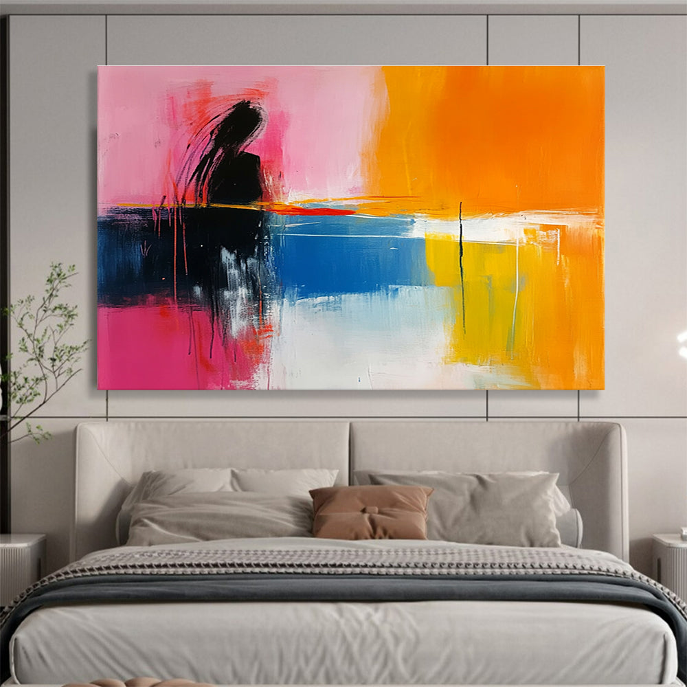 Large abstract painting featuring pink yellow orange and blue tones with a calm sea and sunset in a minimalist style.SC250