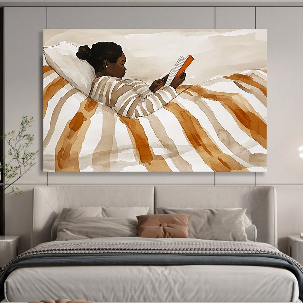 Woman Reading in Bed Watercolor Abstract Painting with Warm Neutrals DYP615