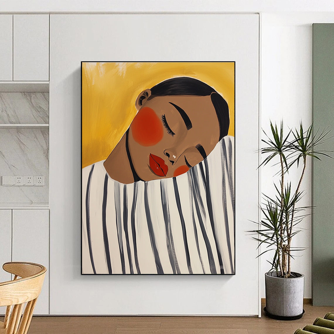 Large abstract painting featuring an African American woman resting her head on a whimsical oversized black and white striped shirt in soft acrylics.STSC536