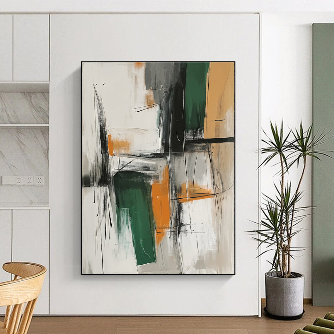 Green Orange Abstract Painting with Intersecting Lines GER817