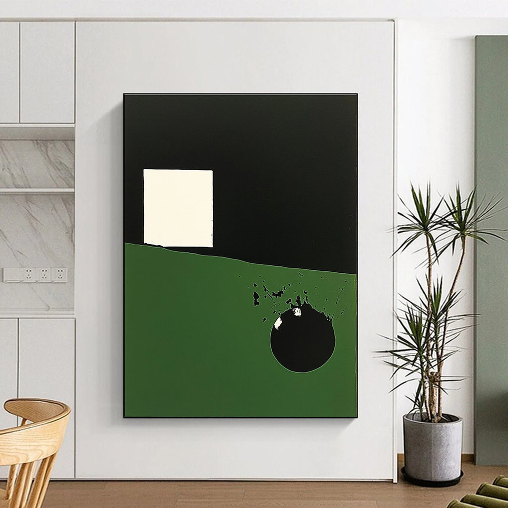 Large abstract painting featuring dark green and black shapes a white irregular square and a prominent circle with black overlay.STSC130