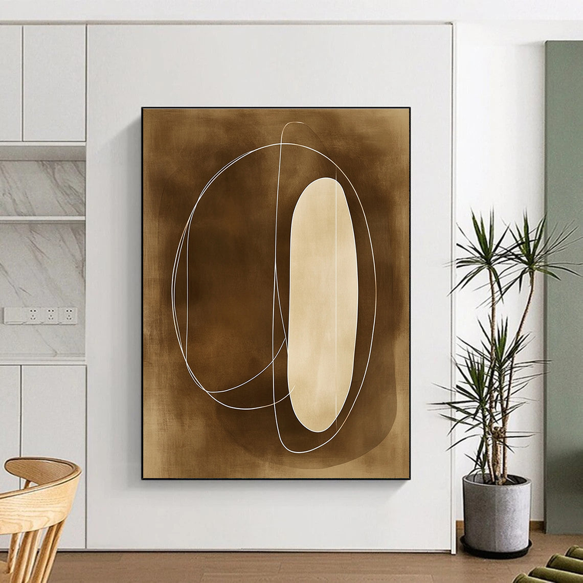 Large abstract painting with sepia tones featuring soft lines organic shapes outlined in white enhancing simplicity and elegance.STSC484