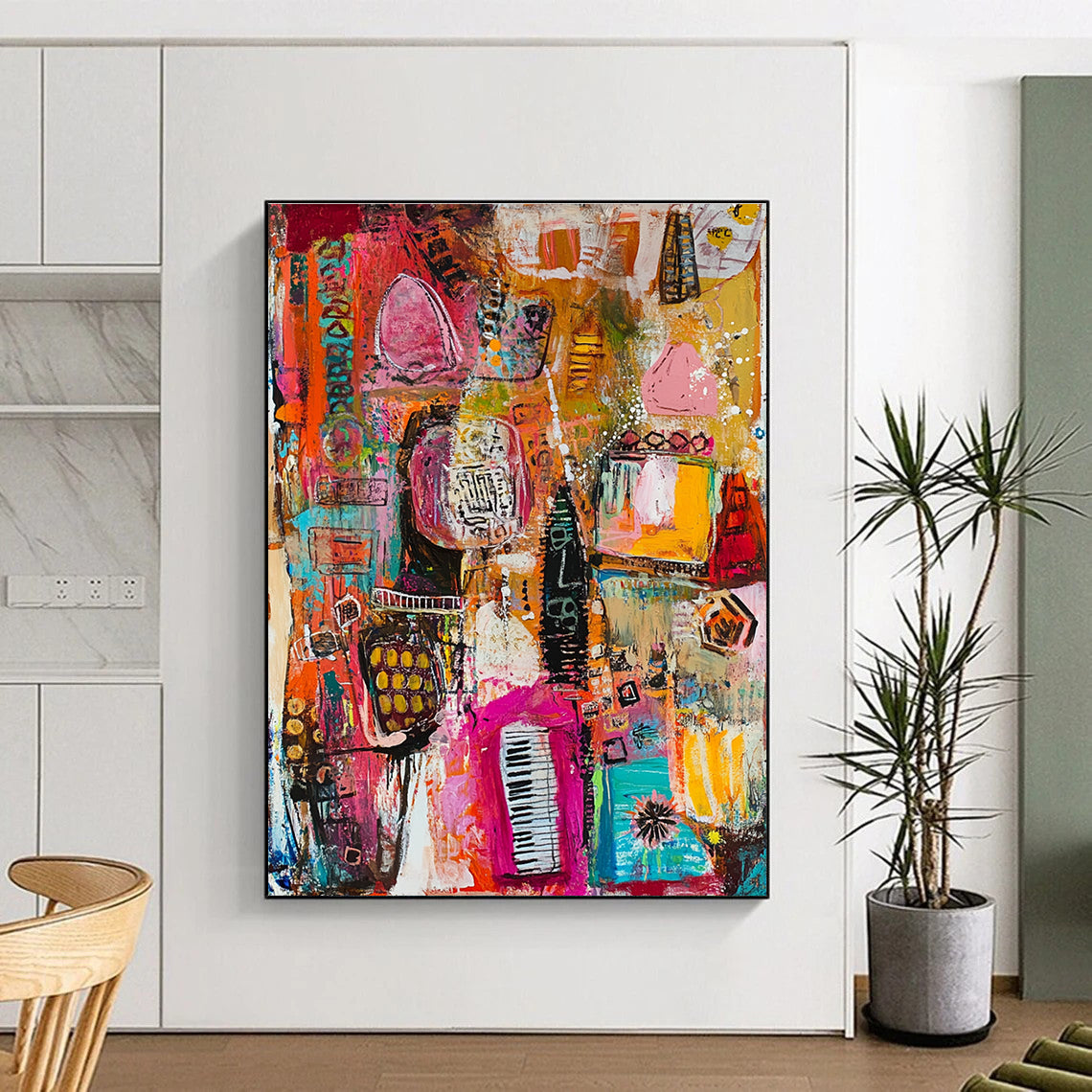 Large abstract painting featuring vibrant colors and dynamic shapes, showcasing lively patterns with diverse objects like books, instruments, and animals.STSC821