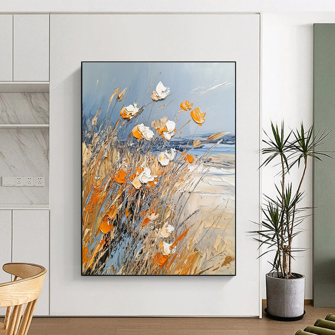 Large abstract painting of beach grass in light blue white and orange featuring thick brush strokes and textured palette knife techniques.STSC880