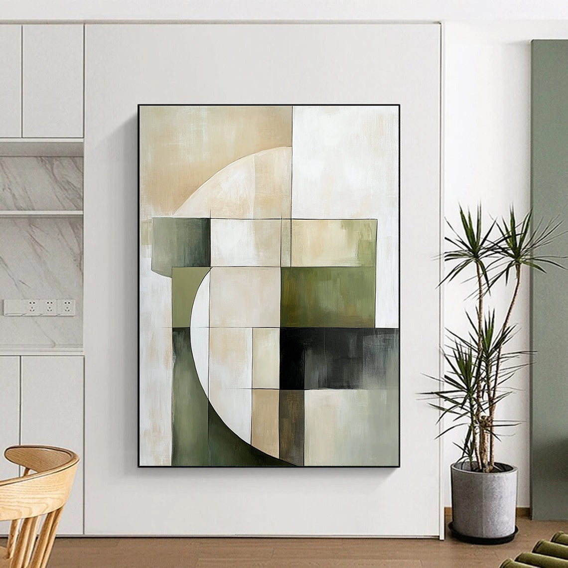 Large abstract painting featuring soft edges geometric forms in green and beige on a neutral background creating an elegant minimalist composition.STSC430