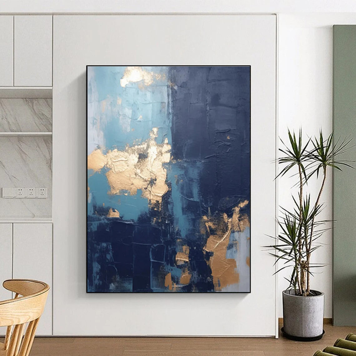 Blue and Gold Textured Abstract Painting with Dark Accents ADGE130