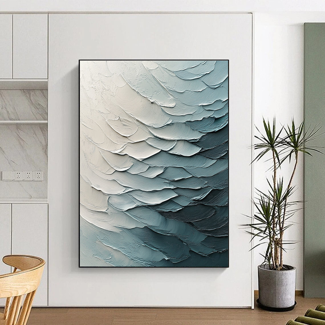 Large abstract painting with textured canvas and impasto strokes features fluid waves in light blue tones and volumetric lighting.STSC204