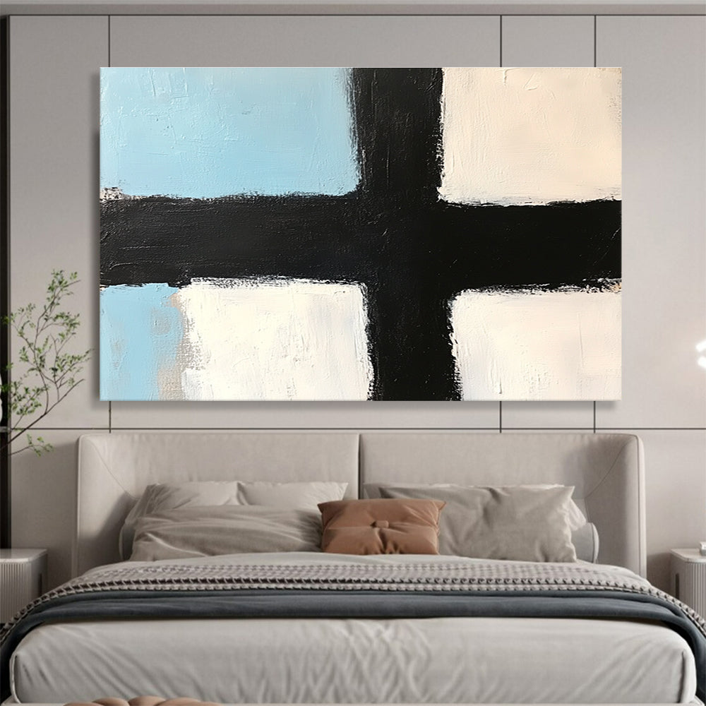 Blue White Black Geometric Abstract Painting with Clean Lines DYP309