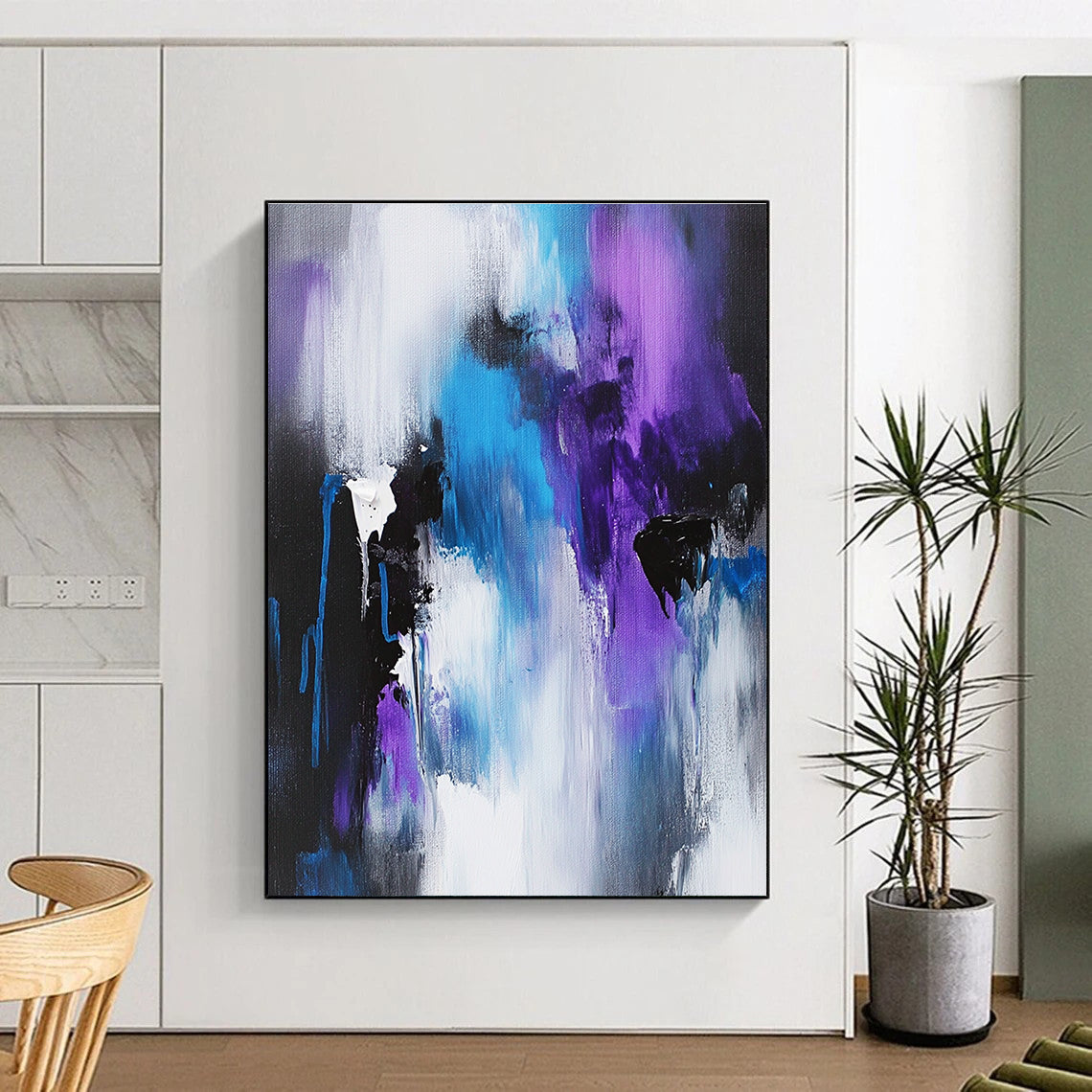 Blue and Purple Abstract Painting with Dynamic Drips GER410