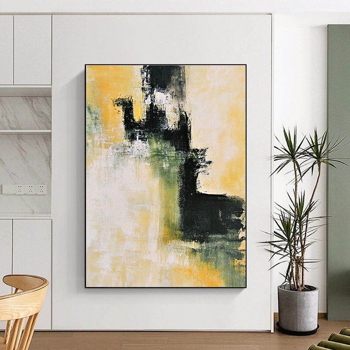 Yellow Green and Black Abstract Painting with Subtle Gradients GER584