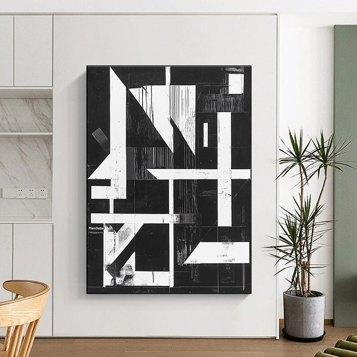 Black and White Geometric Abstract Painting with Architectural Forms GER145