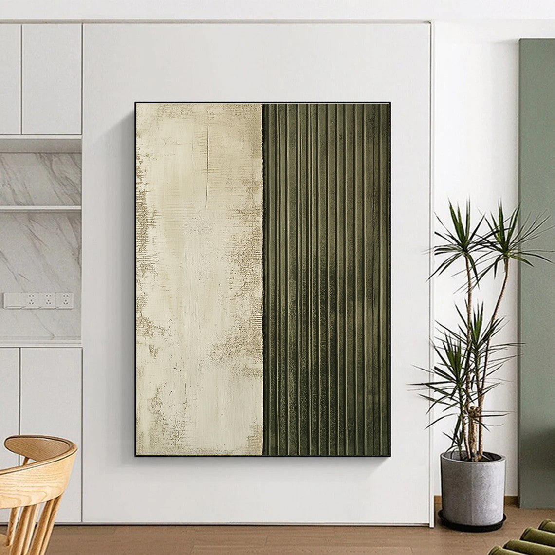 Textured Two - Tone Beige and Green Abstract Painting GER290