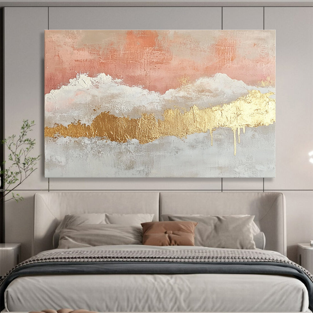 Large abstract painting featuring gold foil light pink and white clouds beige watercolor thin lines and gold leafing on canvas.SC236