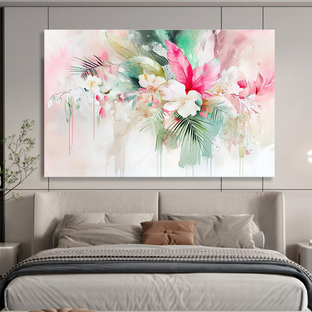 Abstract watercolor painting featuring tropical flowers and leaves with a pink sage green and white background showcasing soft edges and intricate details.SC290