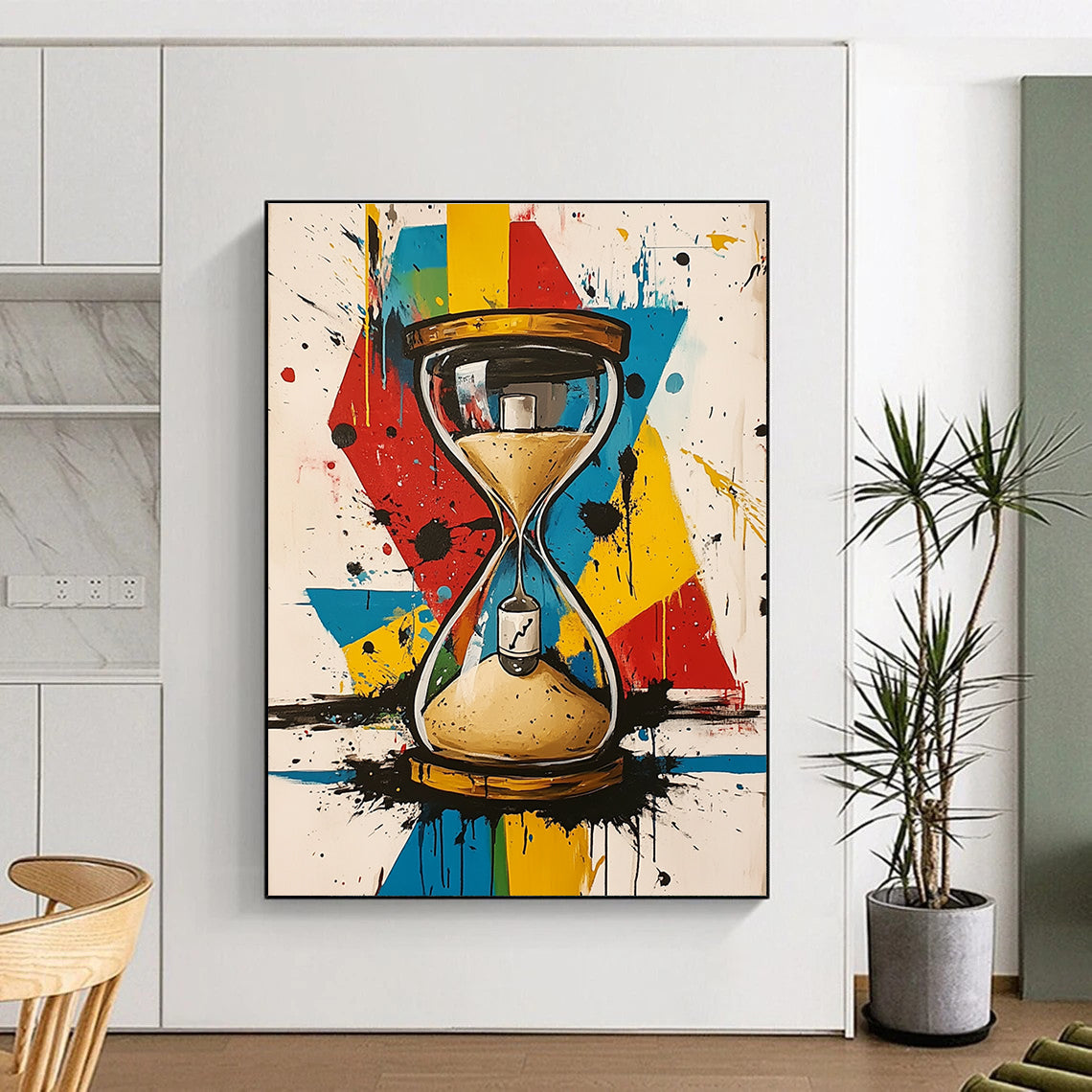 A large abstract painting featuring an hourglass with a bottle in the sand and a vibrant geometric background with paint splatters.STSC853