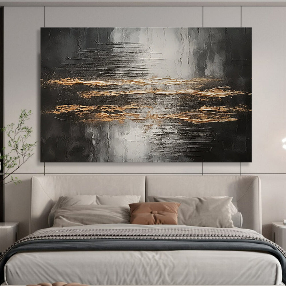 Black and Gold Abstract Painting with Textured Patterns THY318