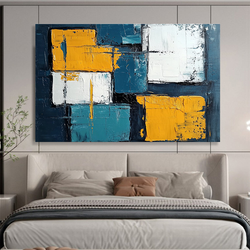 Geometric Abstract Painting with Blue Yellow and White Blocks DYP281