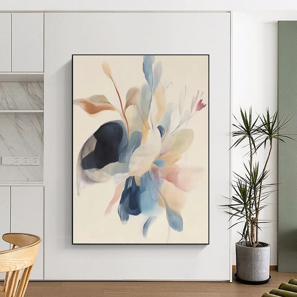 Abstract painting featuring soft watercolor in pastel colors with minimalistic floating bird wings and flowers on a white background.STSC482