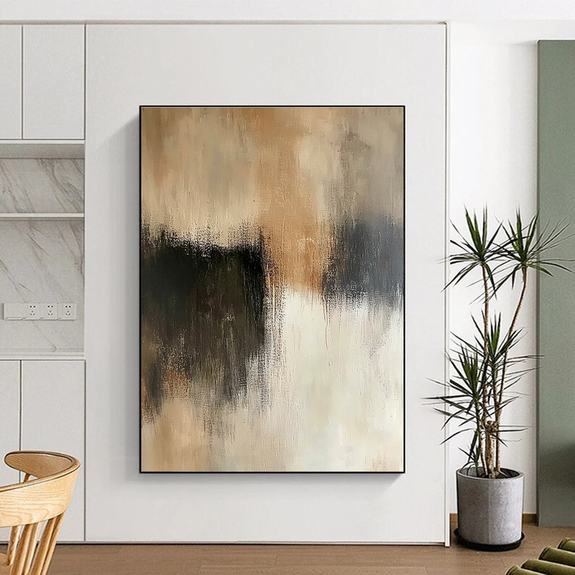 Beige and Black Abstract Painting with Subtle Contrasts GER545