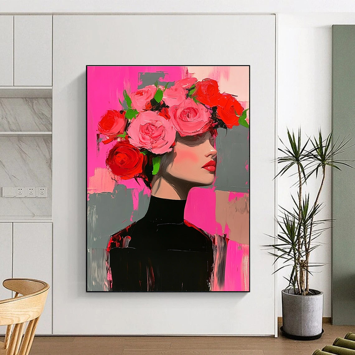 Abstract painting of a woman in a black dress adorned with pink and red roses, set against a pink and grey background.STSC1392