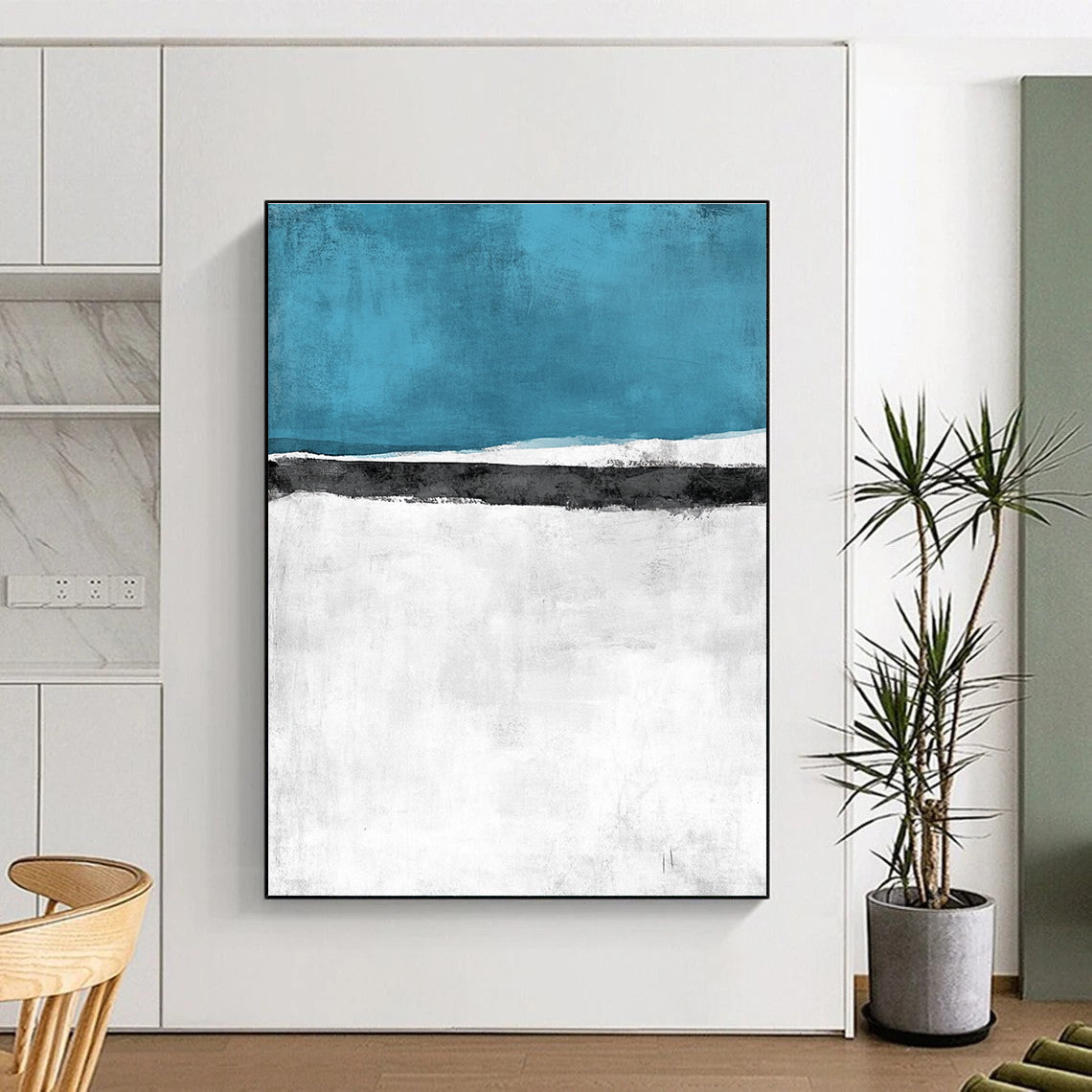 Large Abstract Landscape Painting Featuring a Snowy Field with Sea and Sky in an Elegant Minimalist Watercolor Style.STSC523