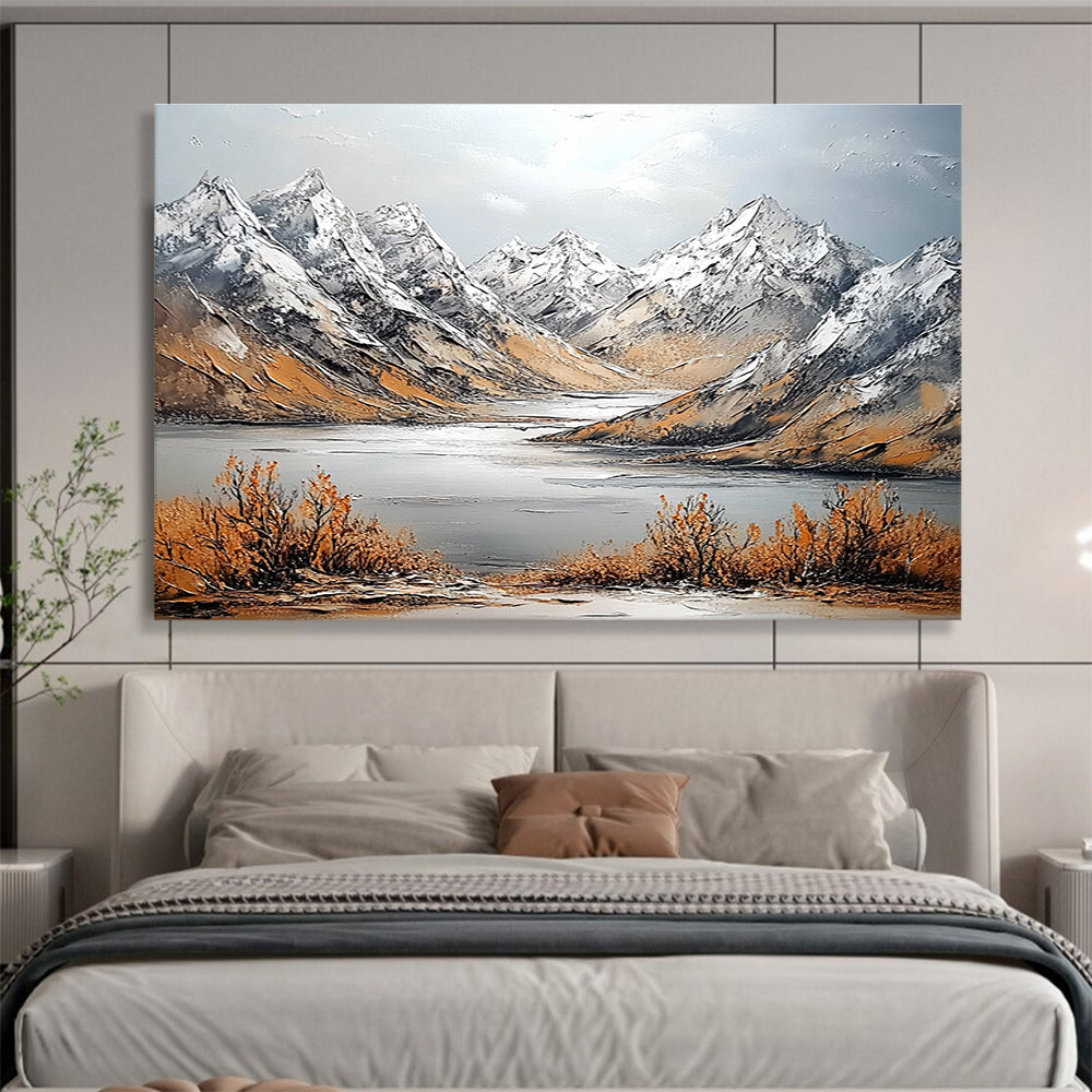 Large abstract painting featuring snowy mountains and intricate textures with a panoramic view of a distant river and soft light.SC611