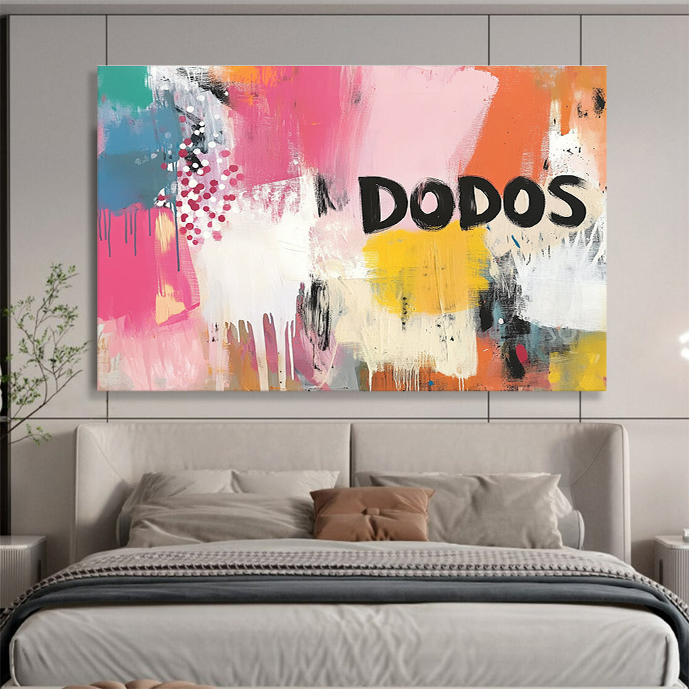 Vibrant abstract painting with bold brushstrokes and dynamic patterns in energetic colors featuring large DODOS lettering creating an urban ambiance.SC456