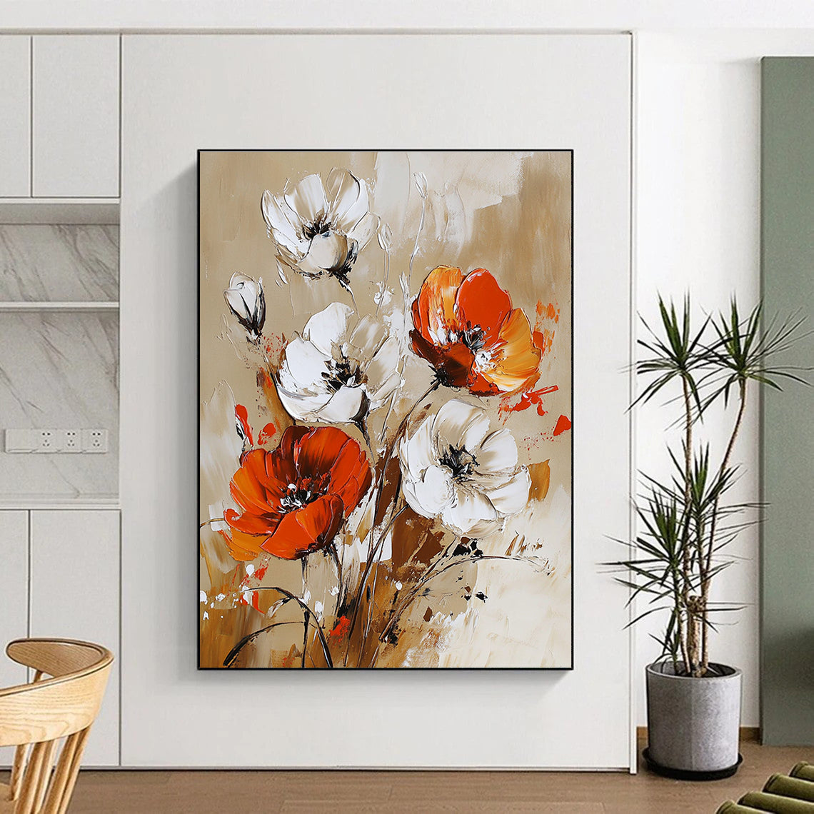 Large abstract painting featuring vibrant white orange and red flowers on a beige background with dynamic brushstrokes.STSC1127